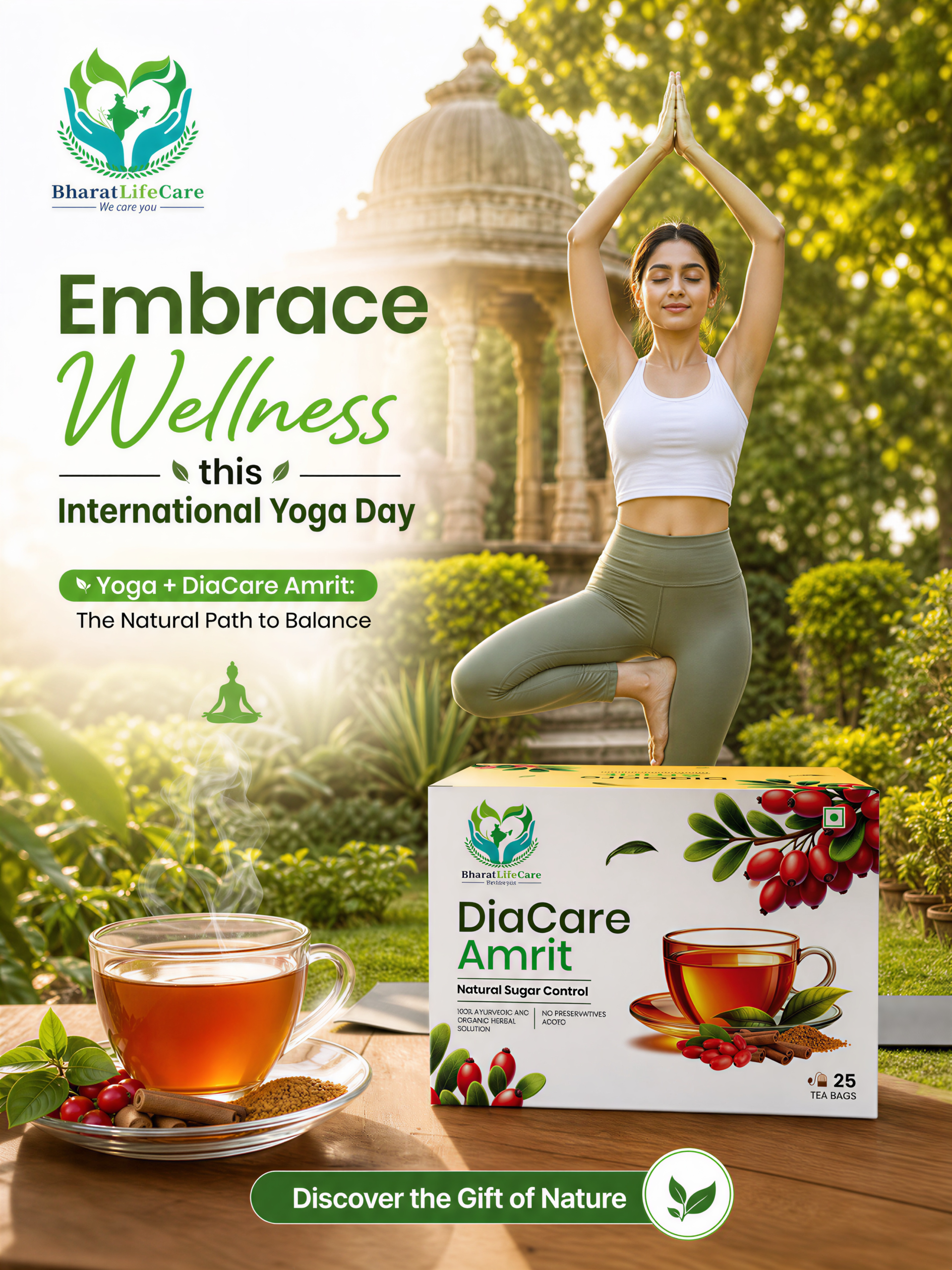 Woman practicing yoga to celebrate International Yoga Day with DiaCare Amrit for natural diabetes management by Bharat Life Care.
