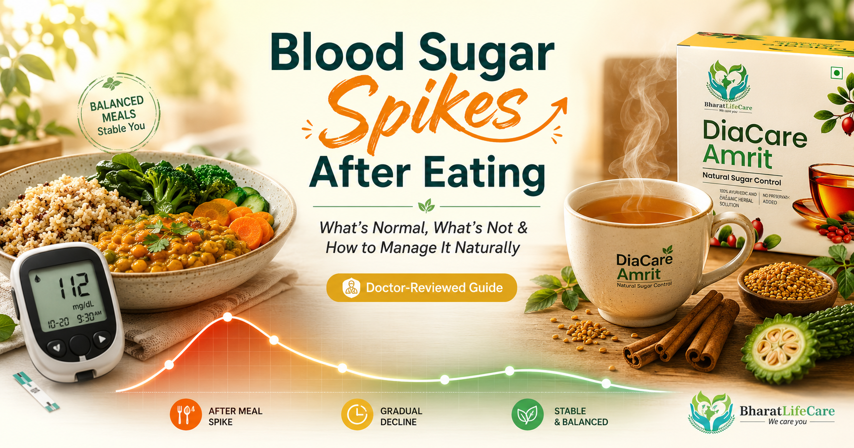 Blood sugar spikes after eating guide showing glucose meter, healthy meal, and normal blood sugar levels — doctor-reviewed by Bharat Life Care
