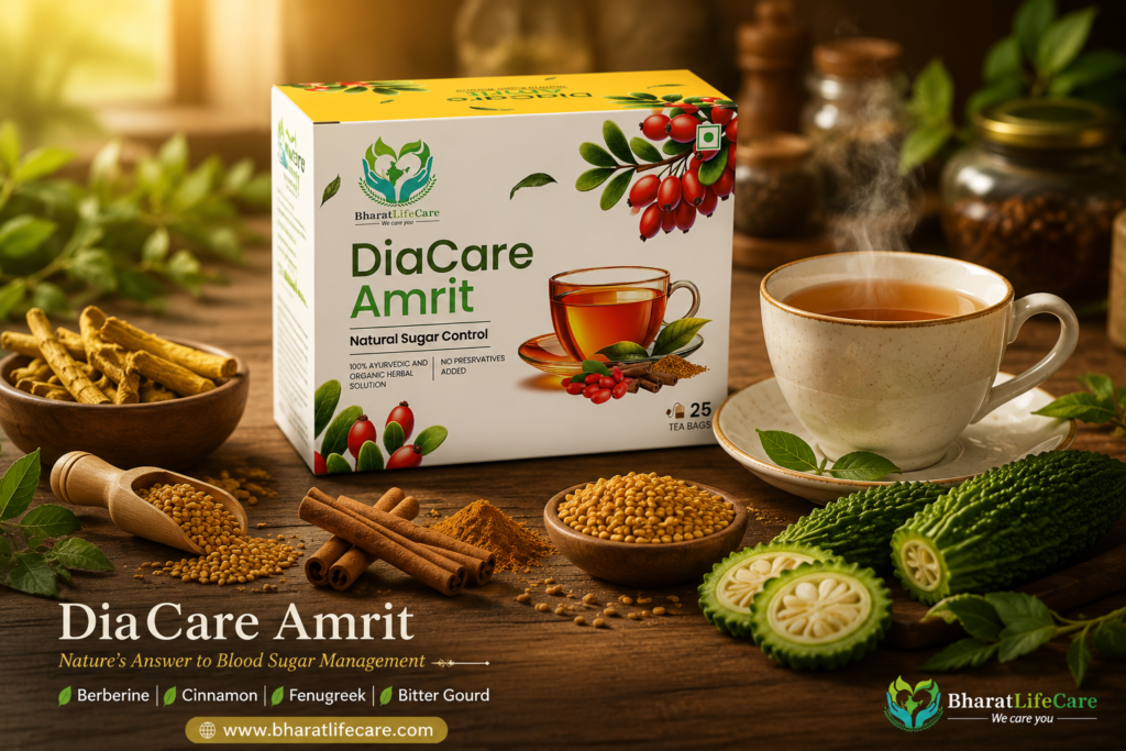 DiaCare Amrit Ayurvedic anti-diabetes herbal tea with Berberine, Cinnamon, Fenugreek, and Bitter Gourd from Bharat Lifecare