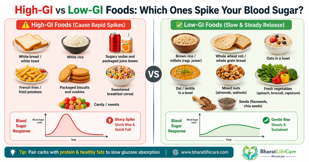 Comparison chart of high glycaemic index foods vs low glycaemic index foods for blood sugar control