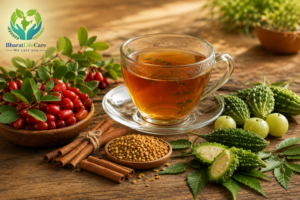 Cup of Ayurvedic herbal tea with cinnamon and fenugreek for natural blood sugar support"