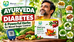 Bharat Life Care blog thumbnail featuring DiaCare Amrit herbal tea and six powerful Ayurvedic herbs for diabetes