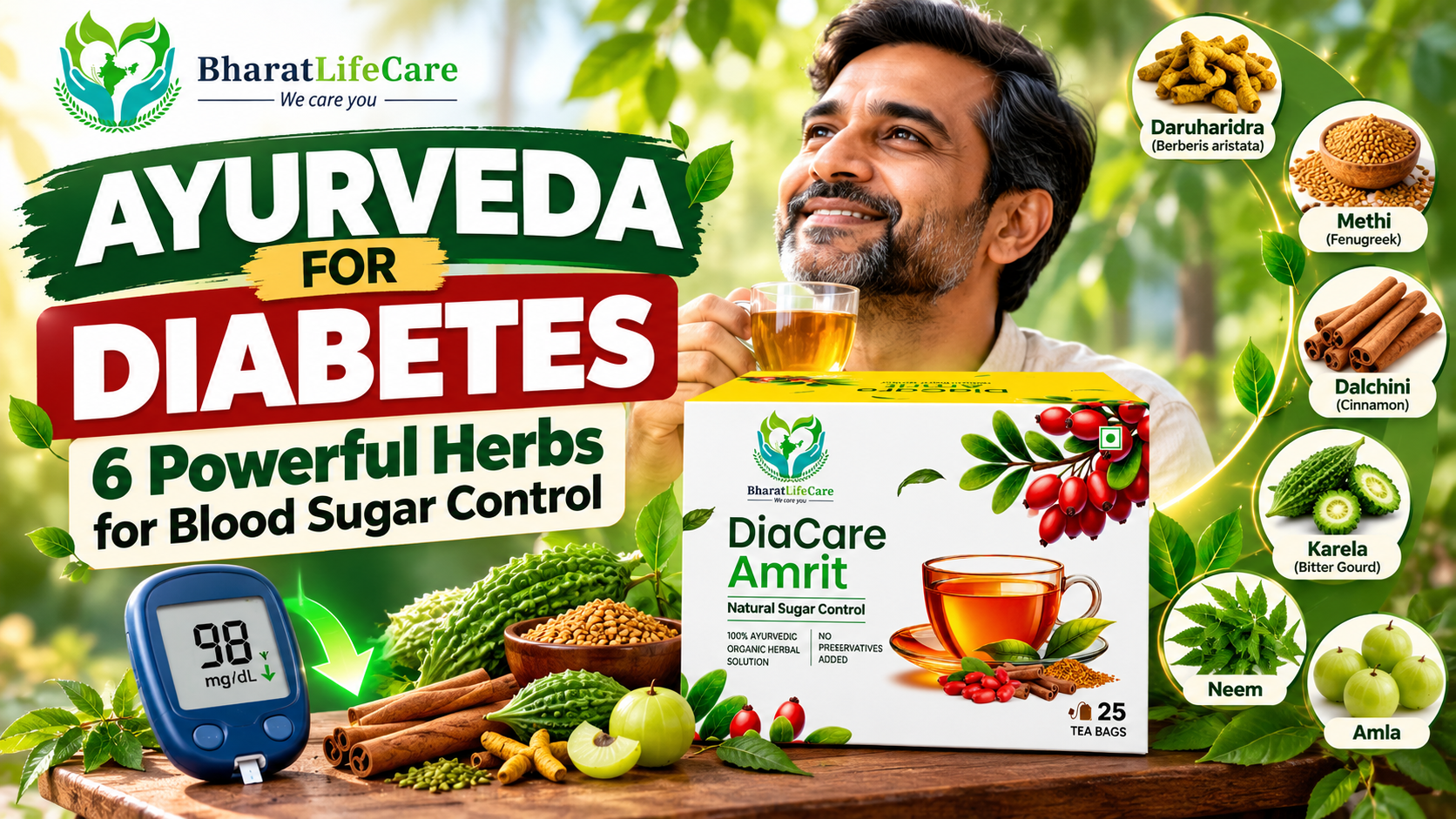 Bharat Life Care blog thumbnail featuring DiaCare Amrit herbal tea and six powerful Ayurvedic herbs for diabetes
