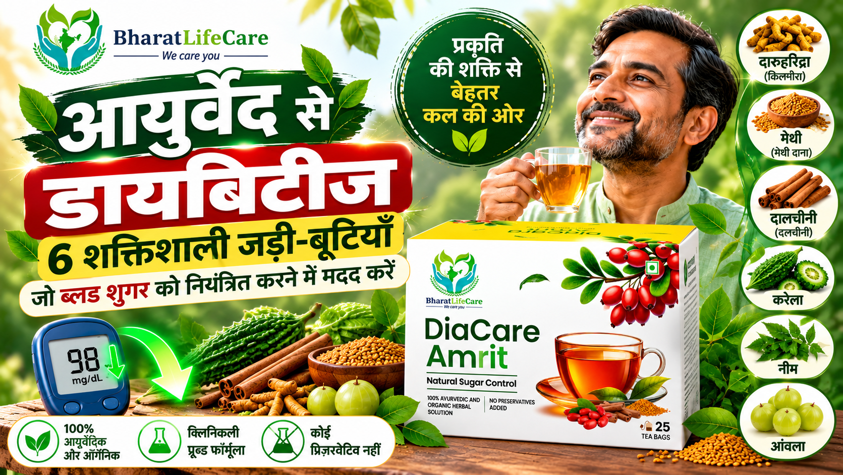 आयुर्वेद से डायबिटीज के लिए 6 शक्तिशाली जड़ी-बूटियों और DiaCare Amrit हर्बल टी के साथ Bharat Life Care का स्वास्थ्य ब्लॉग थंबनेल